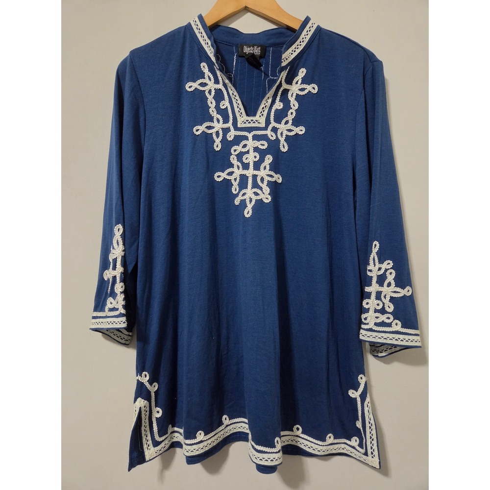Objects D'art Woman Blue Embroidered Crochet Trim Tunic Top Plus 1X Boho 3/4 Slv